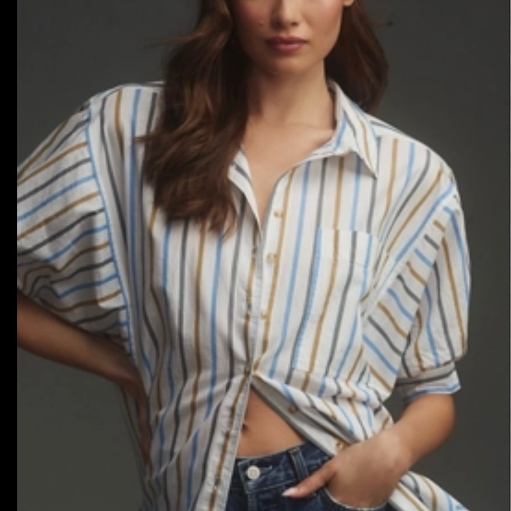 Pilcro Striped Button-Down Shirt in White, Blue, and Tan